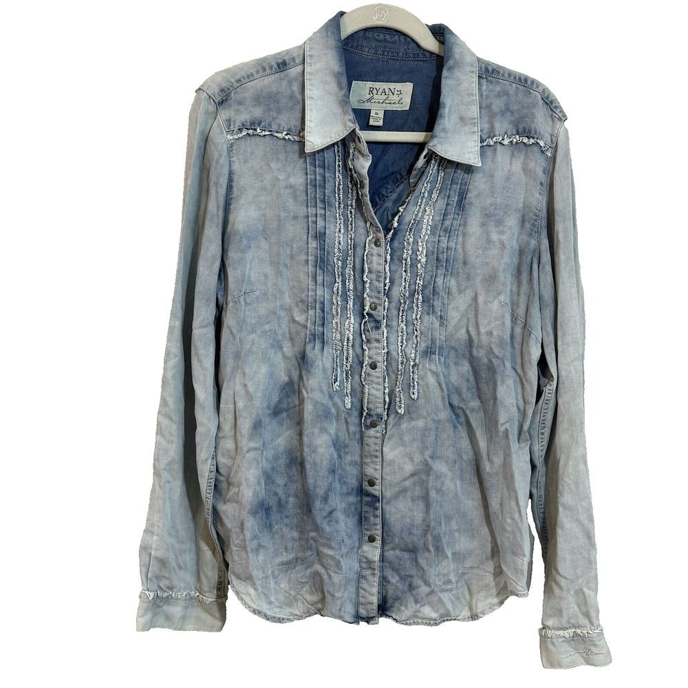 RYAN MICHAEL Western‎ Yoke Snap Tencel Chambray Shirt Raw Hem XL